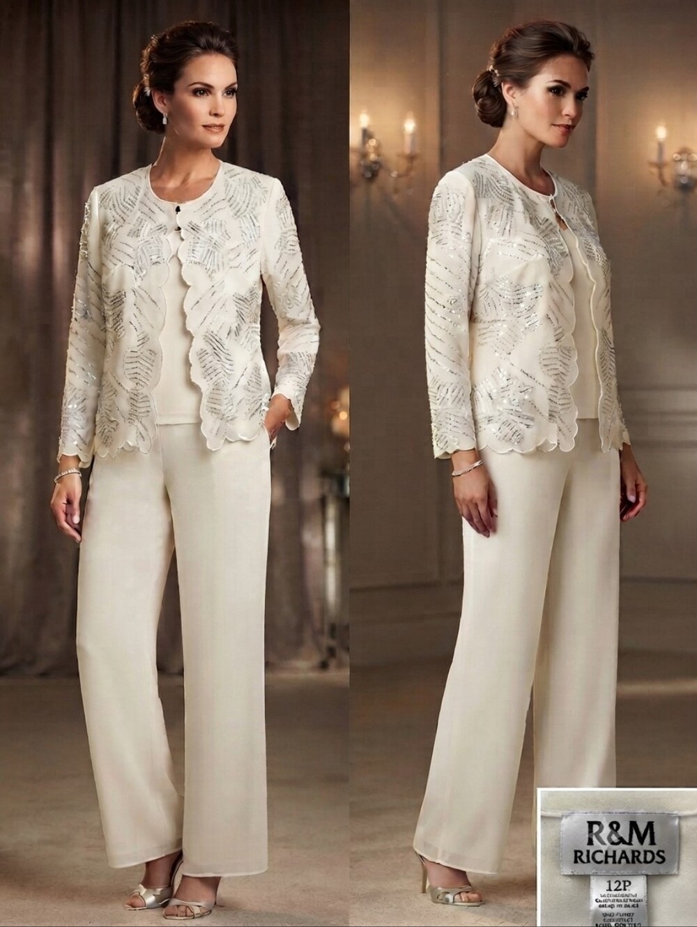R&M Richards Women's Ivory Embellished Three-Piece Pant Set 12P
